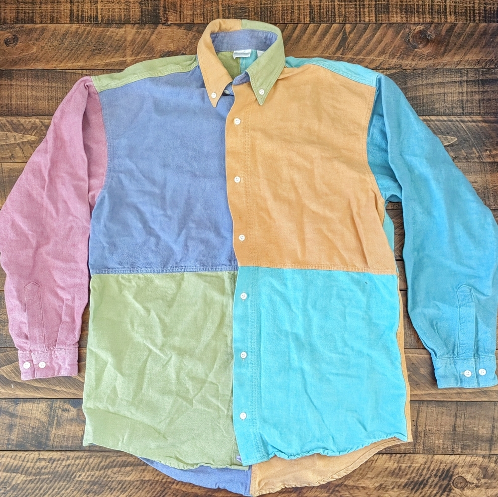 COOL 1990S PASTEL COLOR BLOCK LINEN SYLE LONG SLEEVE BUTTON DOWN COTTON SHIRT S